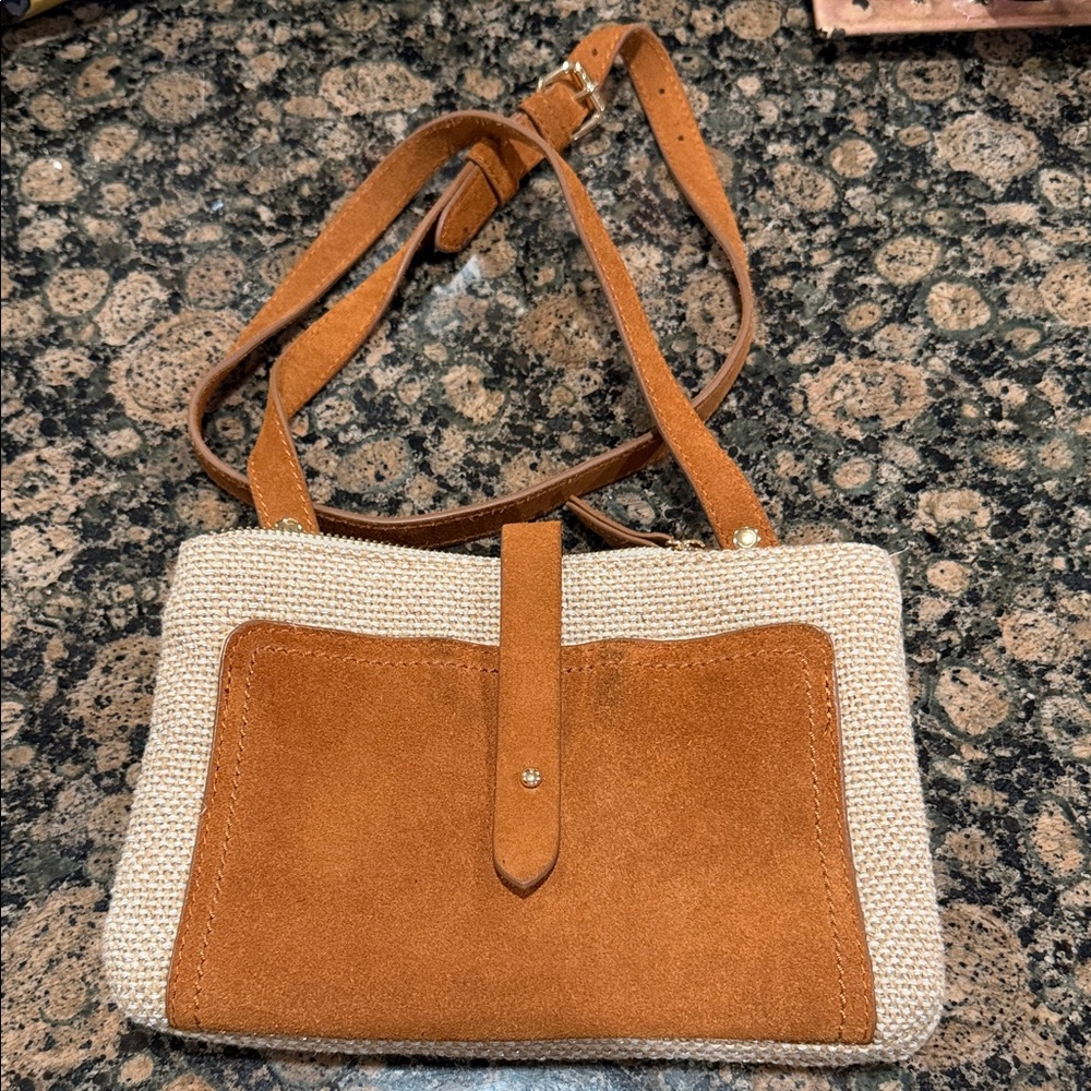 Neutral Canvas Crossbody with Tan Suede Front Pocket